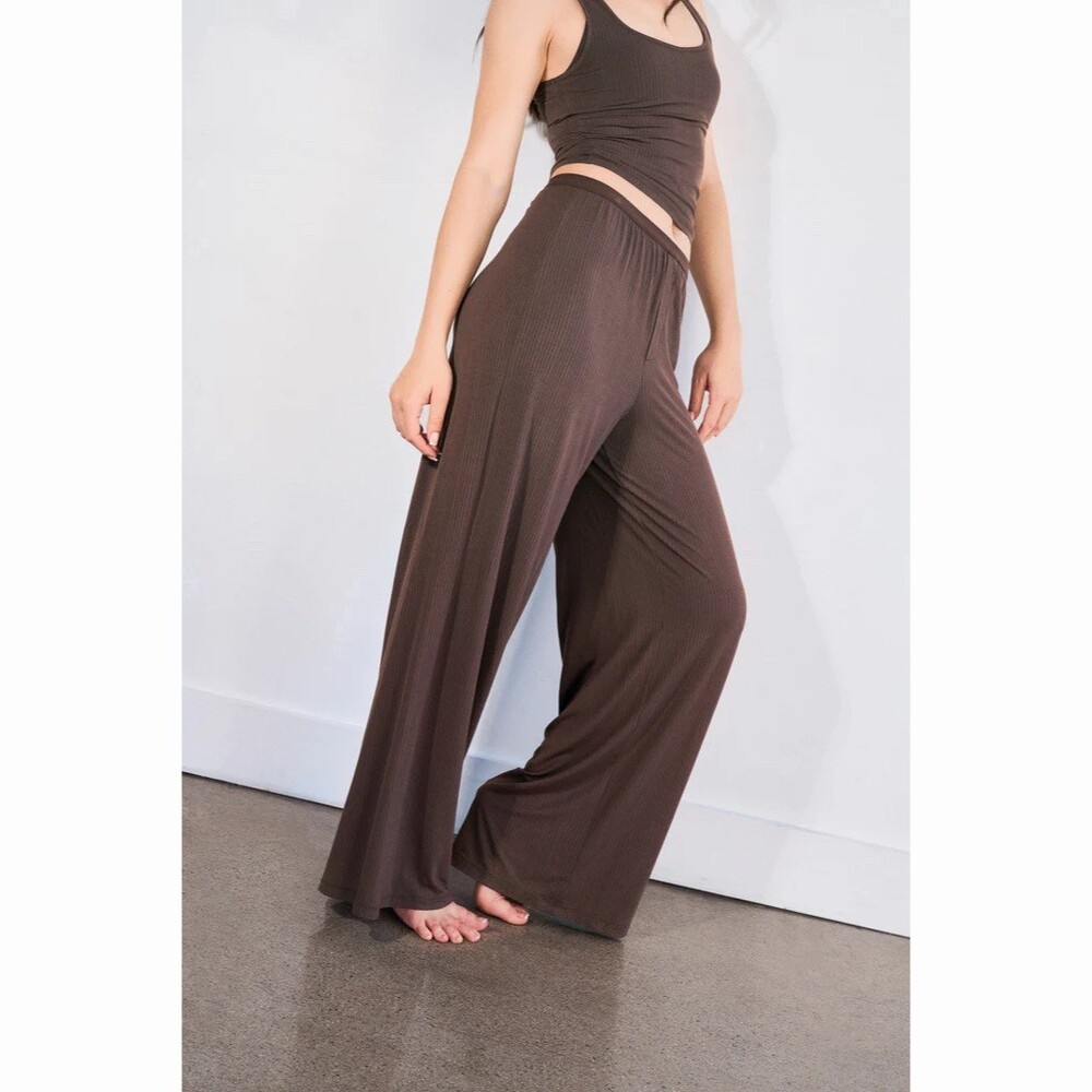 Vitality Float Rib Henley Top & Boxer Pant Pajama Set Womens M Brown